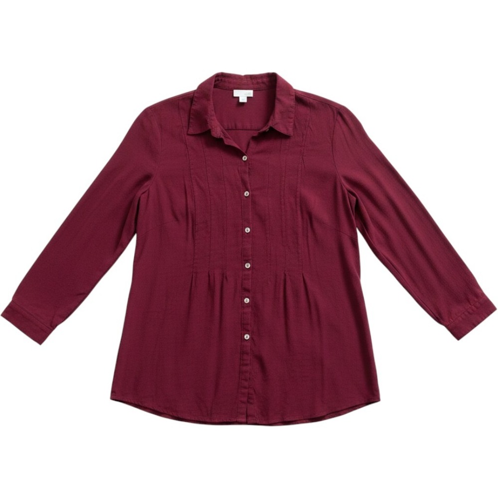 J. Jill Button Down Shirt Burgundy XL Women Pintuck Rayon Long Sleeve Tunic